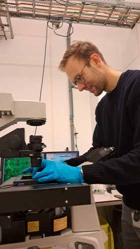 Reynolds Dziobek-Garrett working with a microscope in the lab.